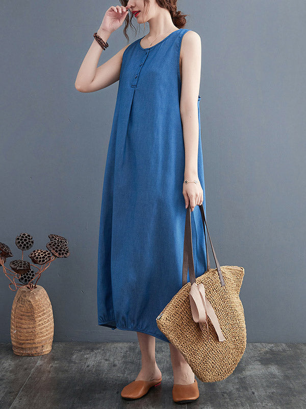 Simple Denim Blue Round-Neck Buttoned Sleeveless Midi Dress