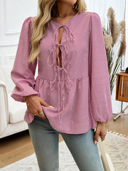 Long Sleeves Loose Elasticity Pleated Striped Tied Round-Neck Blouses&Shirts Tops
