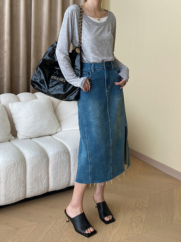 Asymmetric Contrast Color Split-Joint Fake Two-Piece Long Sleeves Round-Neck T-Shirts