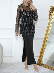 Loose Split-side Midi Dress + Gauze See-Through Sequined Top Two Pieces Midi Dress