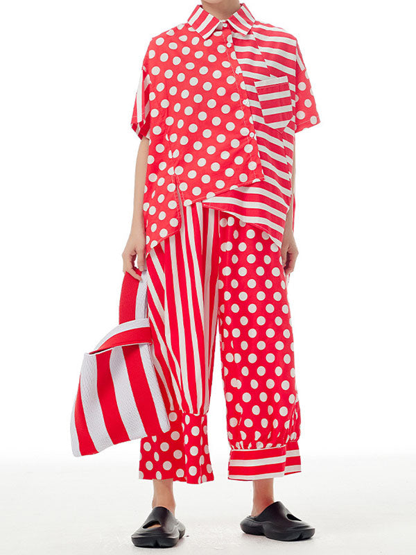 Polka-Dot Split-Joint Striped Irregular clipping Loose Lapel Shirts Tops