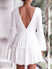 Backless Elasticity Pleated Solid Color Split-Joint A-Line Long Sleeves Deep V-Neck Mini Dresses