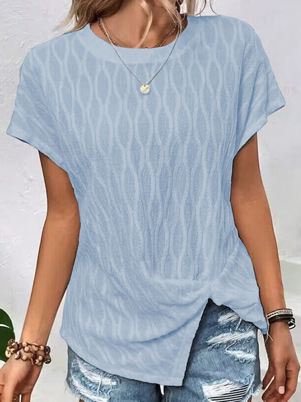 Jacquard Solid Color Split-Front Batwing Sleeves Loose Round-Neck T-Shirts Tops
