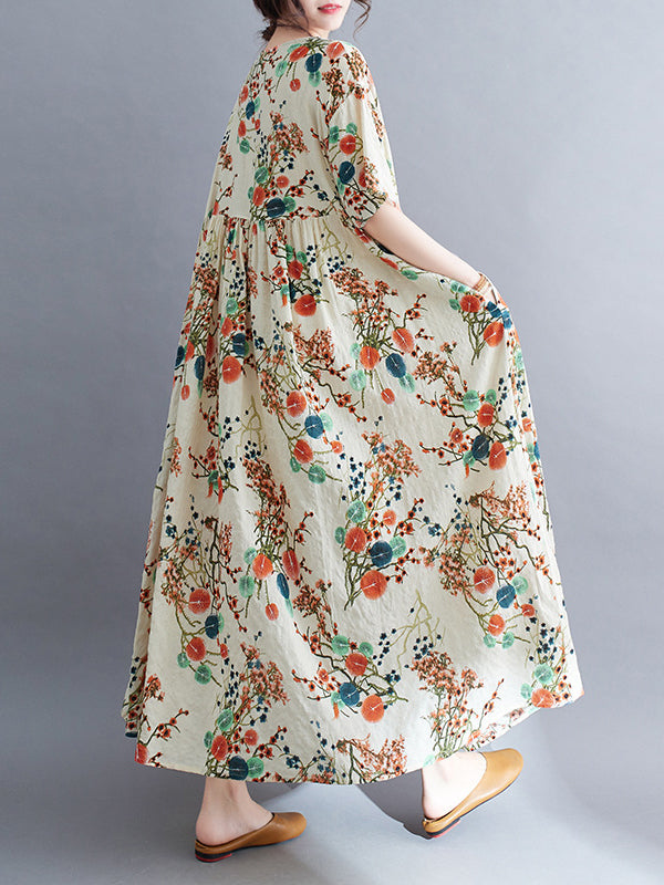 Floral Printed Loose Short Sleeves Round-neck Midi Dresses