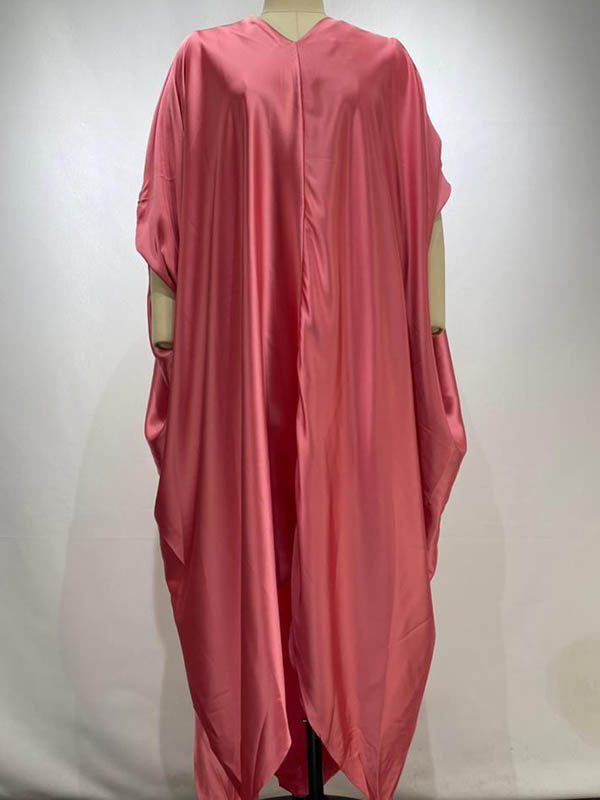 Solid Color Batwing Sleeves High-Low Deep V-Neck Maxi Dresses