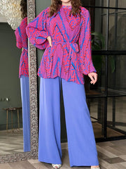 Round-Neck Bishop Sleeve Pleated Printed Tied Waist Shirts Top + High Waisted Pants Bottom Two Pieces Set