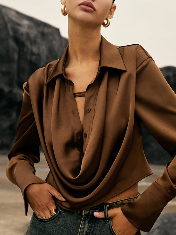 Hollow Solid Color Split-Joint Long Sleeves Loose Lapel Blouses&Shirts Tops