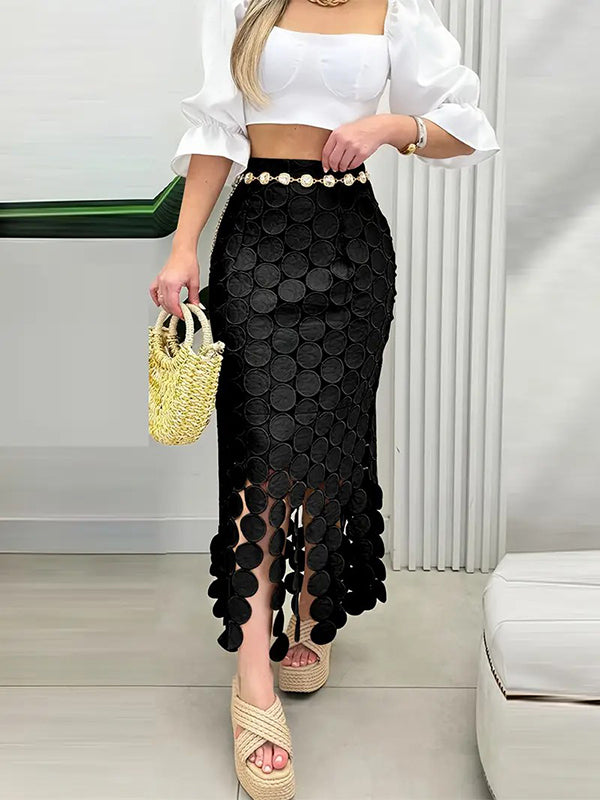Solid Color Split-Joint Tasseled Bodycon High Waisted Skirts