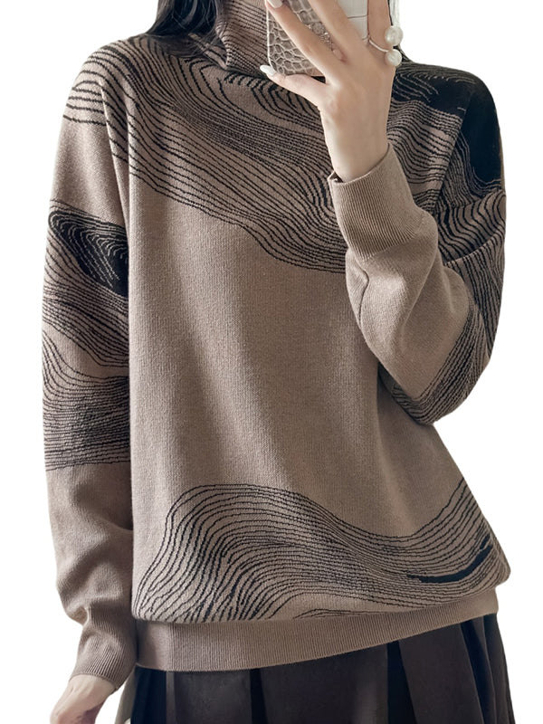 Contrast Color Long Sleeves Loose High Neck Sweater Tops Pullovers