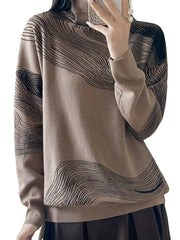 Contrast Color Long Sleeves Loose High Neck Sweater Tops Pullovers