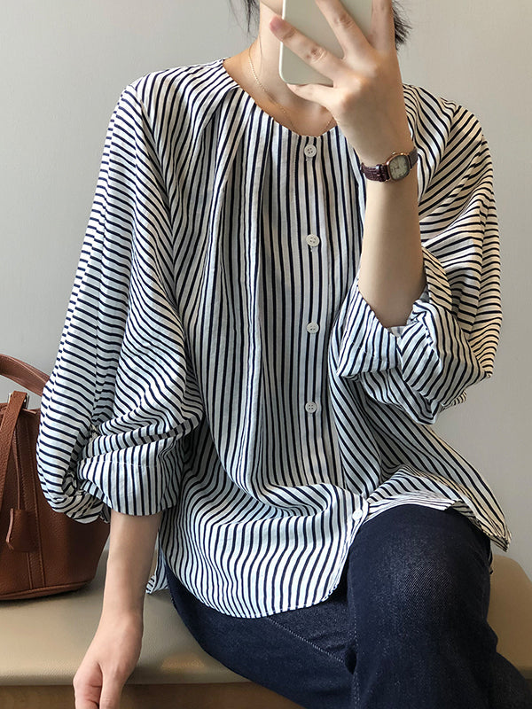 Trendy Tops Three-Quarter Sleeves Batwing Sleeves Striped Round-Neck Blouses