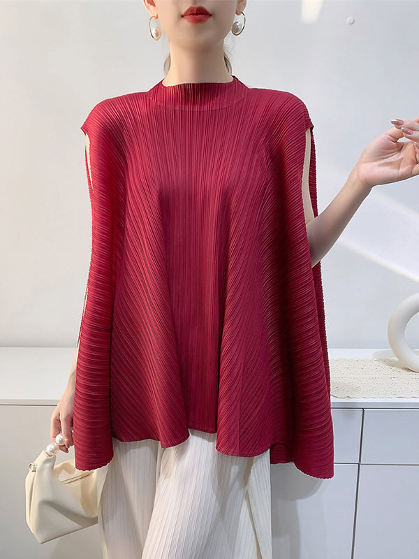 Pleated Solid Color Loose Sleeveless Halter-Neck T-Shirts Tops