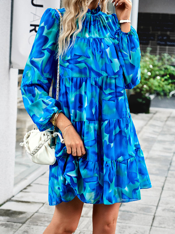 Printed Split-Joint Tied A-Line High Waisted Mock Neck Mini Dresses