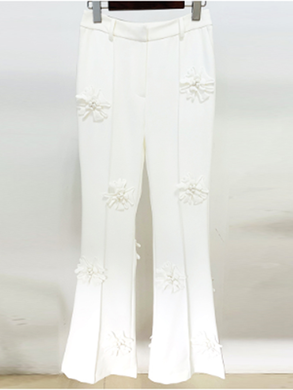 Flower-Embellished Solid Color Long Sleeves Lapel Outerwear Blazer