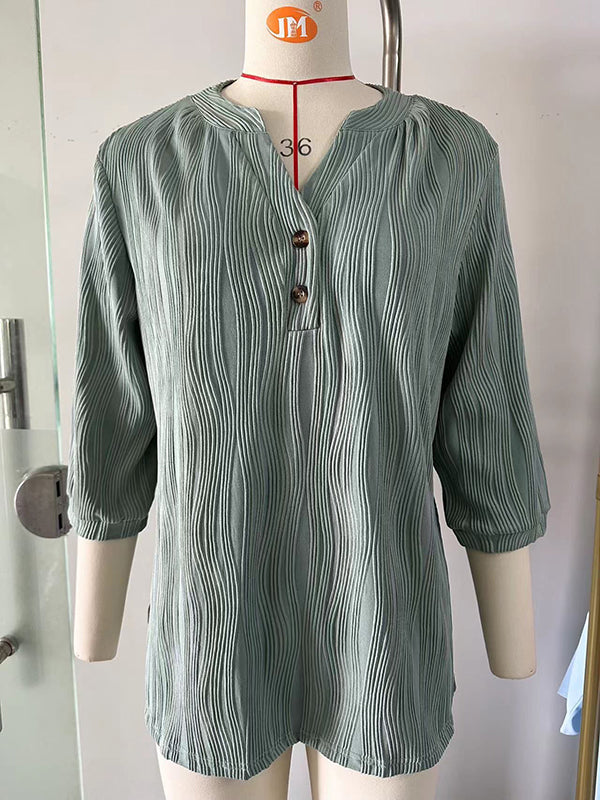Buttoned Solid Color Split-Joint Half Sleeves Loose V-Neck T-Shirts Tops