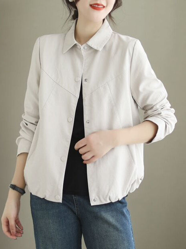 Buttoned Elasticity Pockets Solid Color Long Sleeves Loose Lapel Outerwear Jackets
