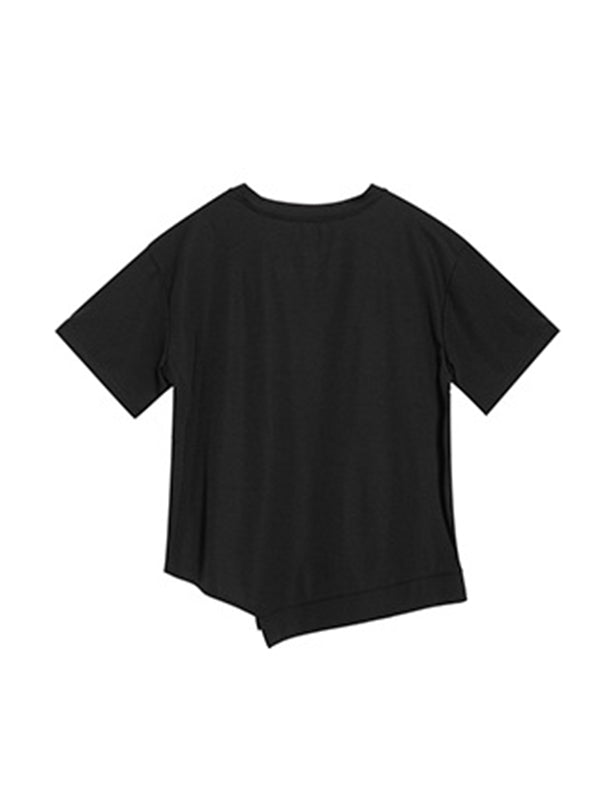 Asymmetric Solid Color Split-Joint Loose Short Sleeves Round-Neck T-Shirts Tops
