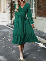 Pleated Solid Color Split-Joint A-Line High Waisted V-Neck Midi Dresses
