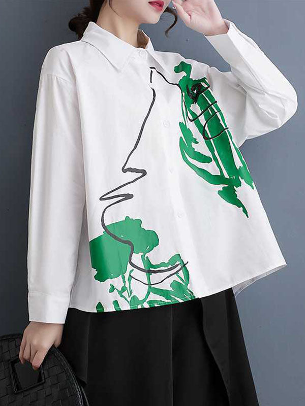 Buttoned Printed High-Low Long Sleeves Lapel Blouses&Shirts Tops