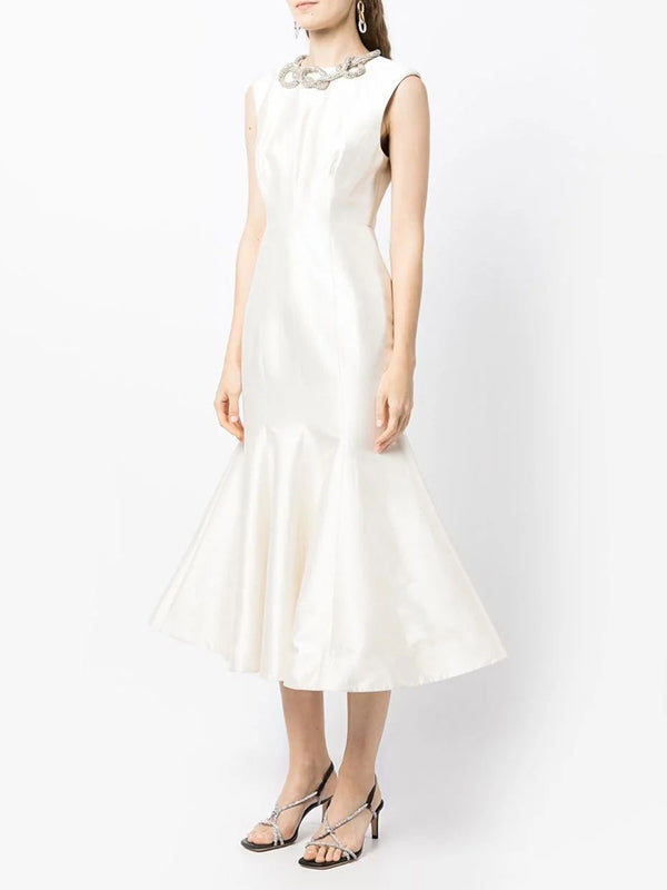 Pleated Solid Color Zipper Bodycon Mermaid Round-Neck Midi Dresses