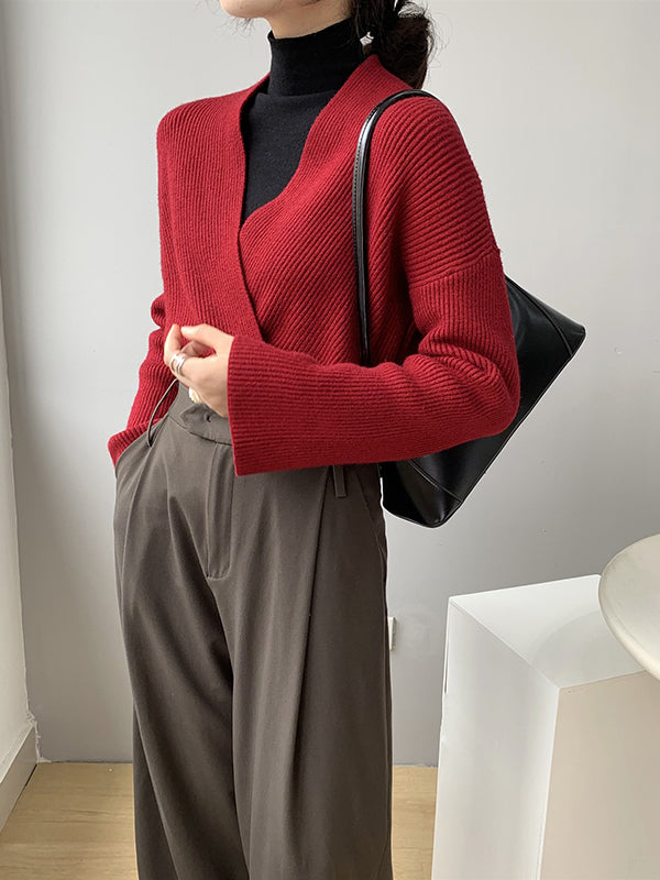 Asymmetric Solid Color Long Sleeves V-Neck Sweater Pullovers Knitwear