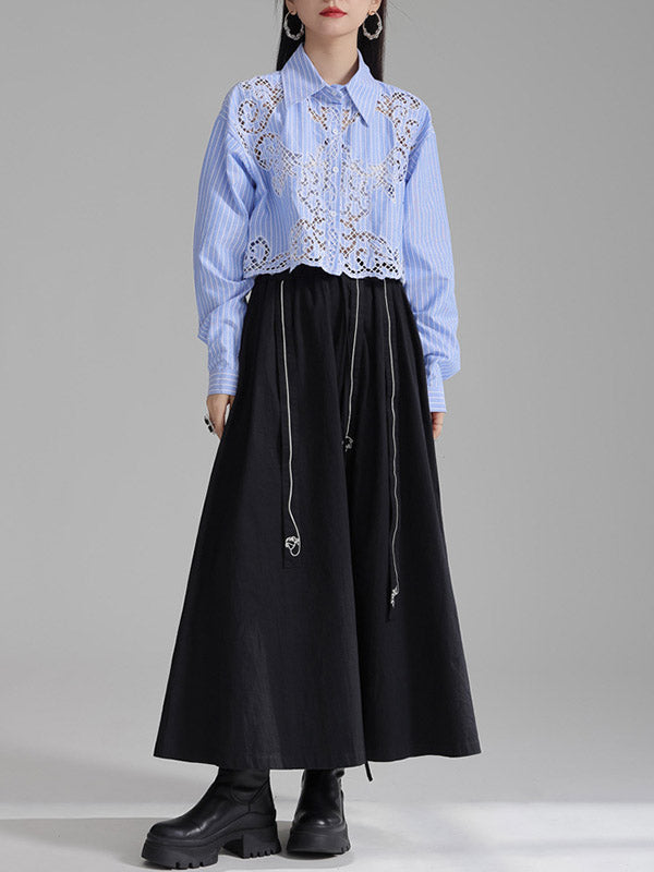 Buttoned Hollow Solid Color Long Sleeves Loose Lapel Blouses&Shirts Tops