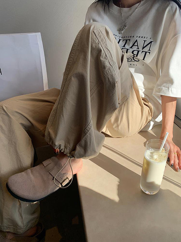 Drawstring Elasticity Pockets Solid Color Split-Joint High Waisted Loose Trousers Pants