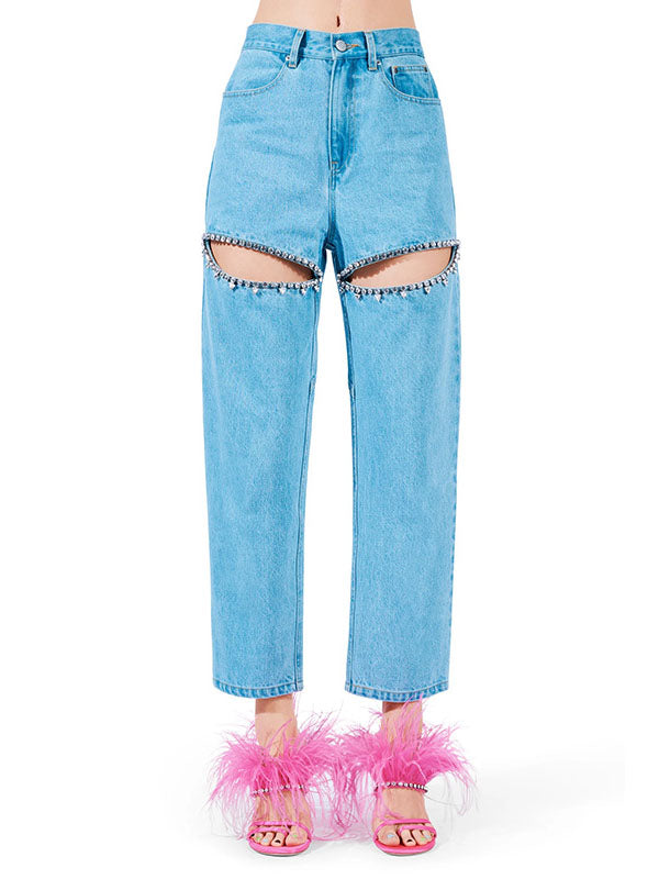 Hollow Rhine Stones High Waisted Loose Jean Pants Bottoms