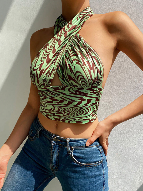 Backless Hollow Printed Skinny Sleeveless Halter-Neck Vest Top