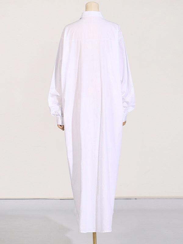 See-Through Solid Color Split-Joint Split-Side Long Sleeves Loose Lapel Shirt Dress Maxi Dresses