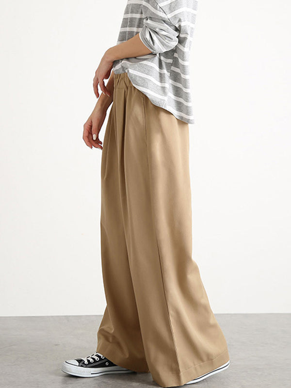 Elasticity Solid Color Split-Joint Wide Side High Waisted Wide Leg Trousers Pants
