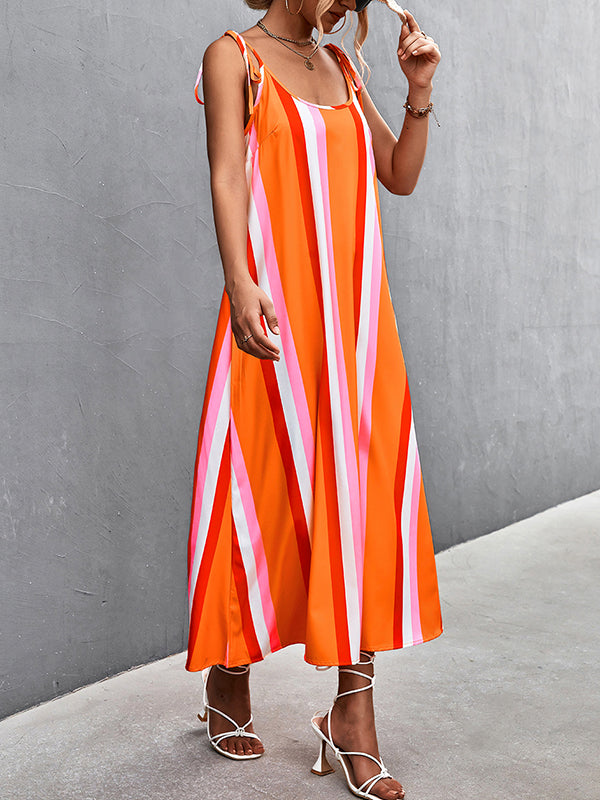 Contrast Color Striped Tied Loose Sleeveless U-Neck Slip Dress Midi Dresses