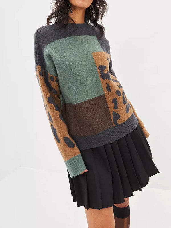 Contrast Color Leopard Split-Joint Long Sleeves Loose Round-Neck Sweater Tops Pullovers