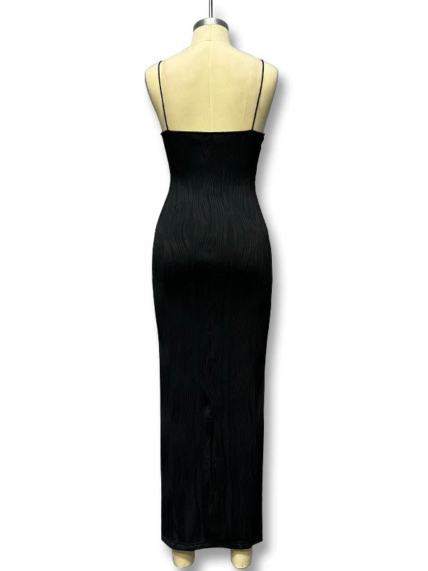 Pleated Solid Color Split-back Skinny Sleeveless Spaghetti-Neck Maxi Dresses