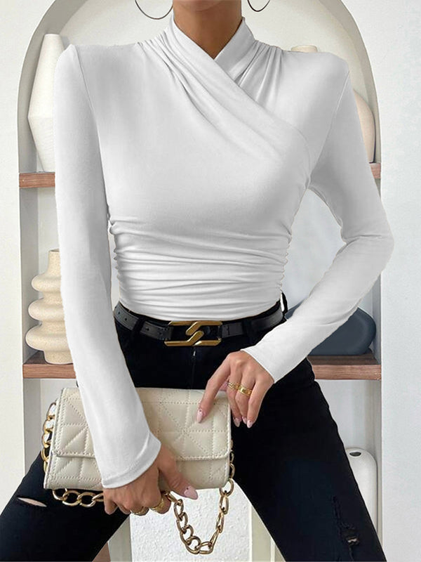 Pleated Solid Color Long Sleeves Skinny Mock Neck T-Shirts Tops