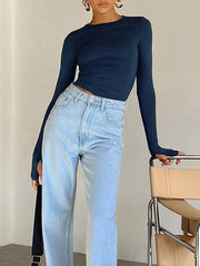Hollow Solid Color Long Sleeves Skinny Round-Neck T-Shirts Tops