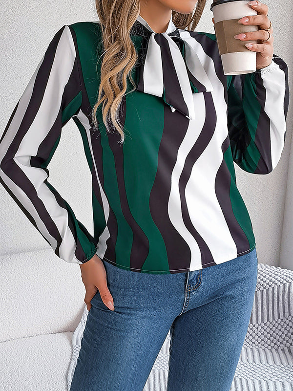 Contrast Color Elasticity Striped Tied Long Sleeves Loose Mock Neck Blouses&Shirts Tops