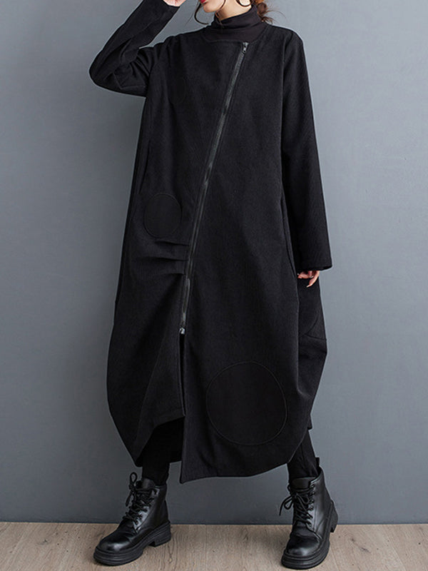 Asymmetric Pleated Polka-Dot Split-Joint Zipper Long Sleeves Loose High-neck Outerwear Midi Dresses