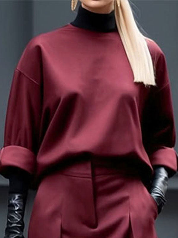 Solid Color Long Sleeves Loose Round-Neck Hoodies&Sweatshirt Tops