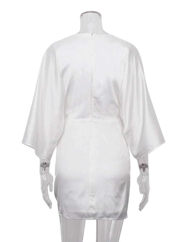 Hollow Knot Solid Color Split-Joint Zipper High Waisted Three-Quarter Sleeves Deep V-Neck Mini Dresses