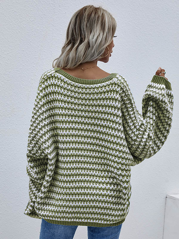 Original Loose Striped 8 Colors V-Neck Long Sleeves Sweater Top
