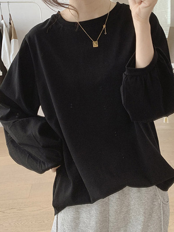 Pleated Solid Color Long Sleeves Loose Round-Neck T-Shirts Tops
