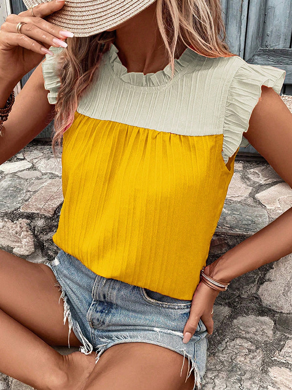 Contrast Color Pleated Ruffled Split-Joint Flying Sleeves Loose Round-neck Vest Top