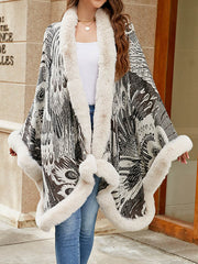 Jacquard Keep Warm Velvet Long Sleeves Loose Collarless Shawl Cape