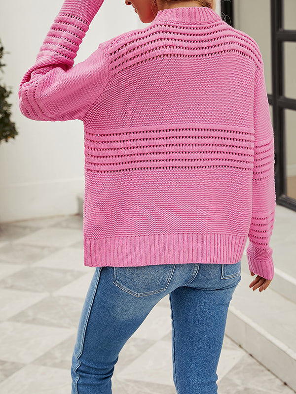 Hollow Solid Color Long Sleeves Loose Round-Neck Sweater Tops Pullovers Knitwear