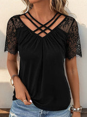 Solid Color Split-Joint Loose Short Sleeves V-Neck T-Shirts Tops