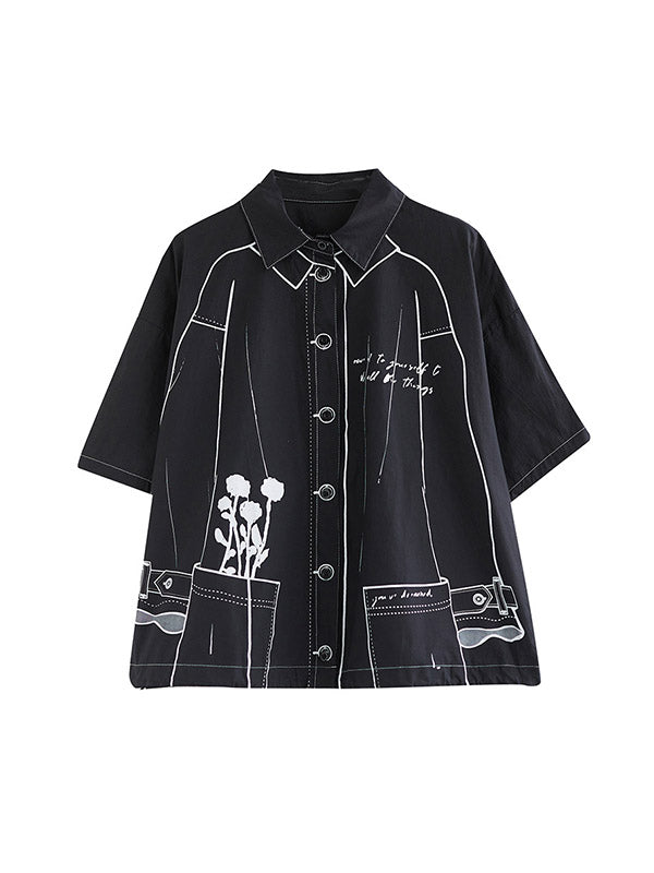 Buttoned Printed Loose Short Sleeves Lapel Blouses&Shirts Tops