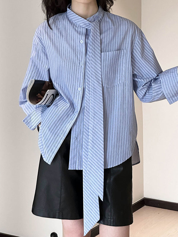 Buttoned Pockets Striped Tied Long Sleeves Loose Mock Neck Blouses&Shirts Tops