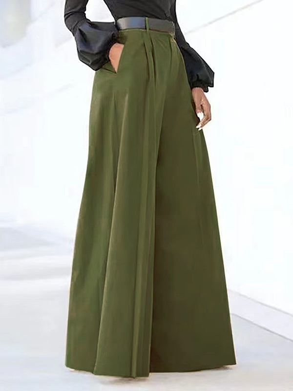 Pleated Solid Color Split-Joint High Waisted Loose Trousers Pants