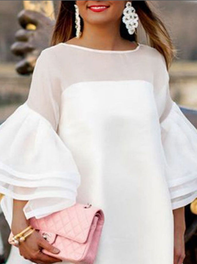 Falbala See-Through Solid Color Split-Joint Long Sleeves Loose Round-Neck Mini Dresses